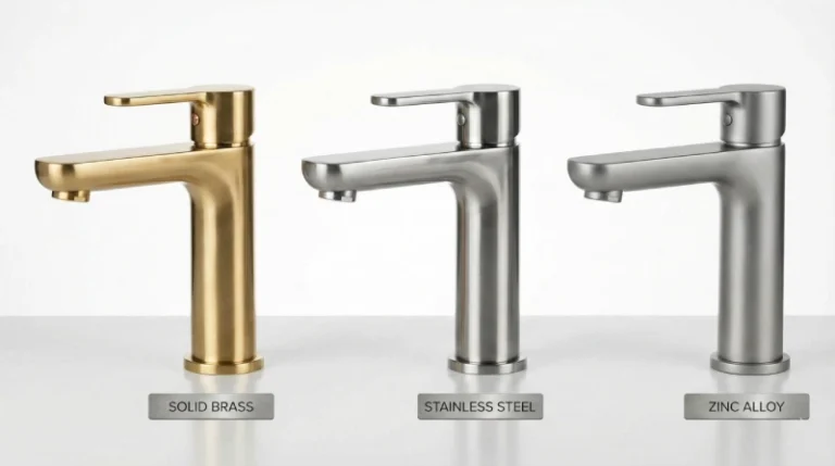 Comparison of brass, stainless steel, and zinc alloy options showing the best material for bathroom faucets in hotel projects
