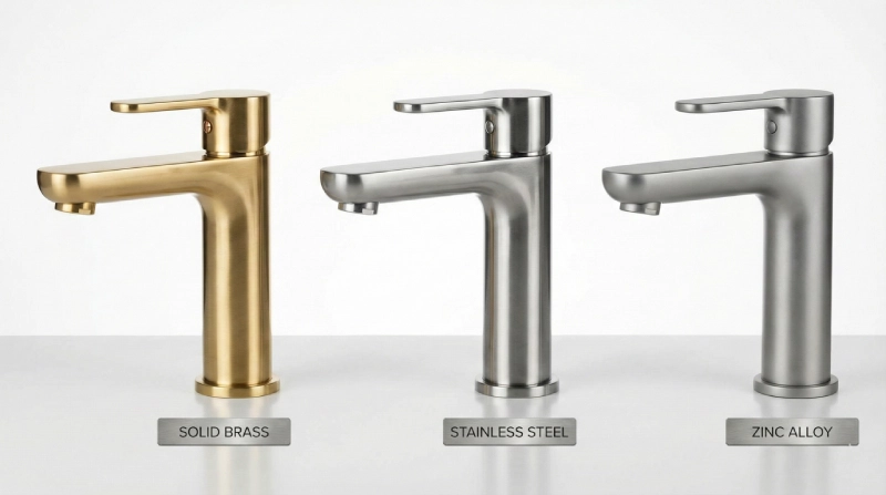 Comparison of brass, stainless steel, and zinc alloy options showing the best material for bathroom faucets in hotel projects