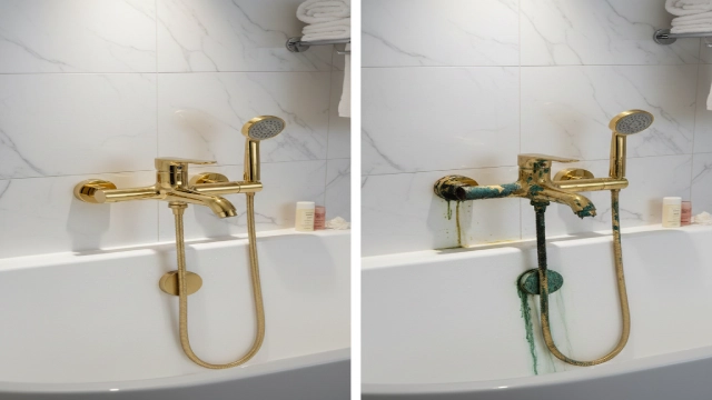 Comparison of faucet finishes showing PVD coating vs electroplating durability in hotel bathtub projects