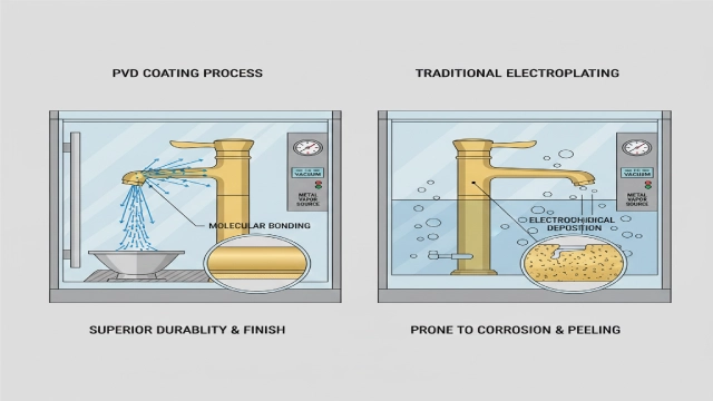 Diagram explaining what is PVD coating and how it improves faucet finishes for hotel bathrooms