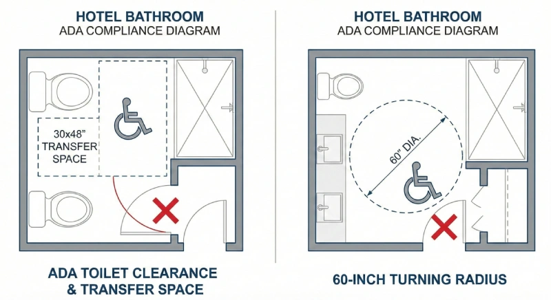 Diagram illustrating ADA toilet clearance for wheelchair transfer versus 60-inch turning radius in small hotel bathroom