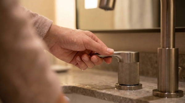 Ergonomic hotel faucet handle with micro-texture, showing comfort and grip for guests, exemplifying 2026 bathroom faucet trends focused on functionality