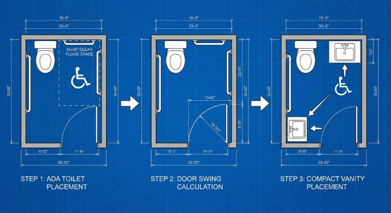 Flow diagram demonstrating the sequence for achieving ADA toilet clearance in a small hotel bathroom layout