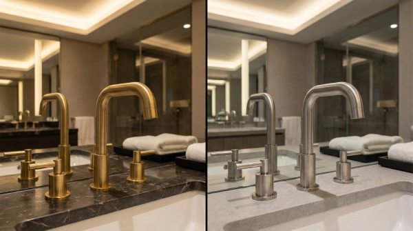 Hotel faucets with PVD finishes like brushed brass and satin nickel demonstrating durability and low maintenance, highlighting 2026 bathroom faucet trends