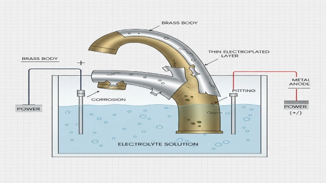 Illustration of what is electroplating and why electroplated faucet finishes fail in hotel environments