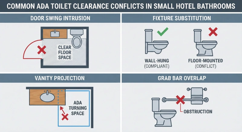 Infographic illustrating the most common ADA toilet clearance conflicts in small hotel bathrooms