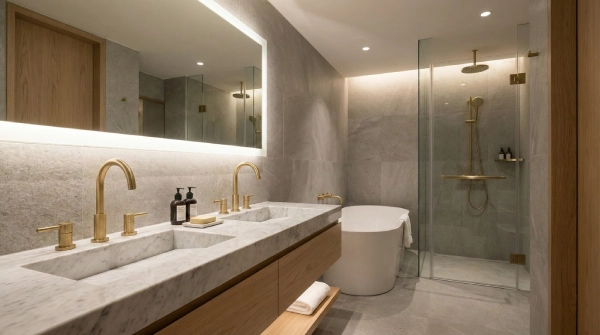 Modern hotel bathroom showcasing durable faucets and PVD finishes, highlighting 2026 bathroom faucet trends for operational efficiency and timeless design