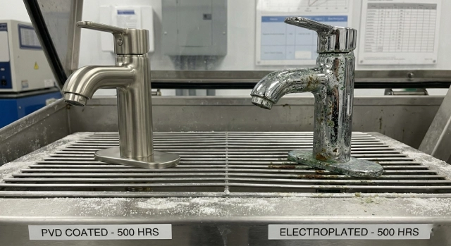 PVD versus electroplated bathroom sink faucets performance in salt spray corrosion testing