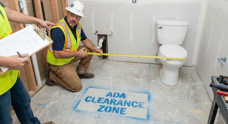 Photo-style illustration of ADA toilet clearance being measured on-site in a small hotel bathroom