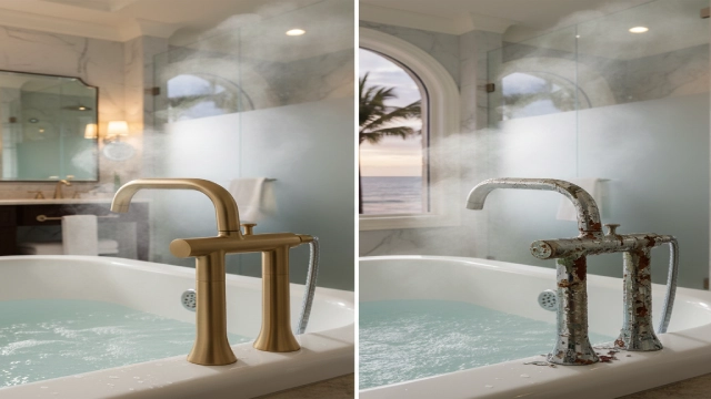 Real-world hotel bathroom showing how different faucet finishes perform in coastal and high-humidity environments