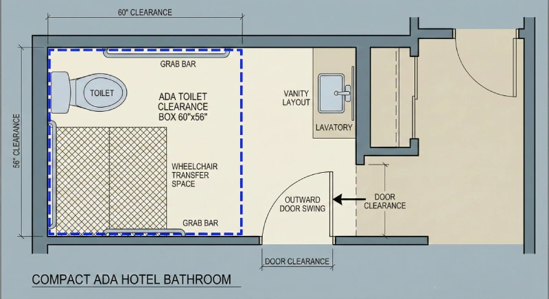 Small hotel bathroom floor plan showing ada toilet clearance with toilet, door swing, and vanity layout for B2B hotel project compliance