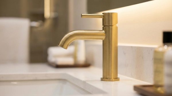 Warm minimalist hotel faucet design illustrating soft curves and practical aesthetics, representing 2026 bathroom faucet trends in hospitality projects
