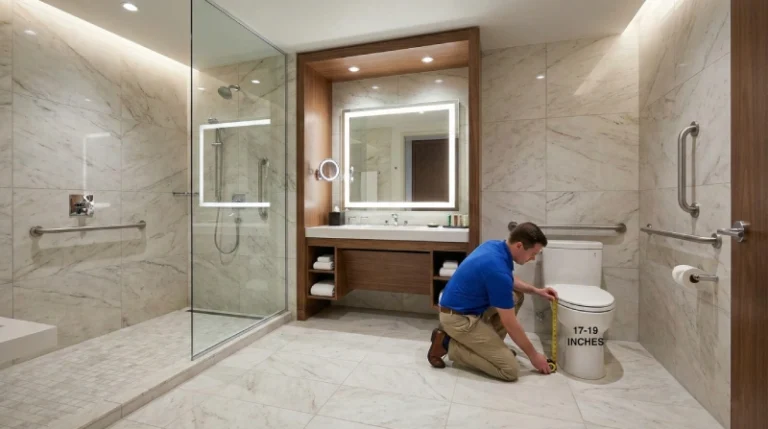 ada toilet height measurement in modern hotel accessible bathroom