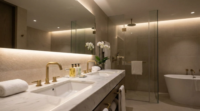 bathroom sink faucets installed in a modern hotel bathroom project with premium materials and professional specifications