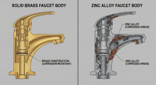 internal material comparison of bathroom sink faucets showing solid brass versus zinc alloy construction