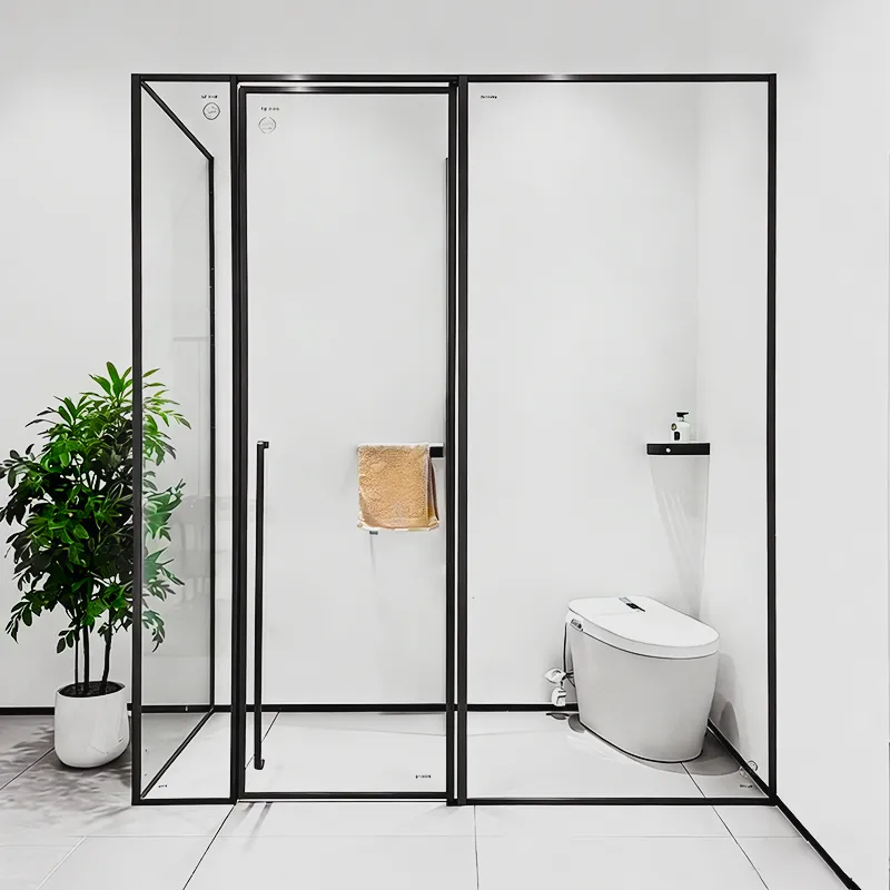 FS17942 Matte Black Framed Glass Walk-In Shower Enclosure — Clear Tempered Glass Pivot Door with Tall Stainless-Steel Handle, Modern 3-Panel Design