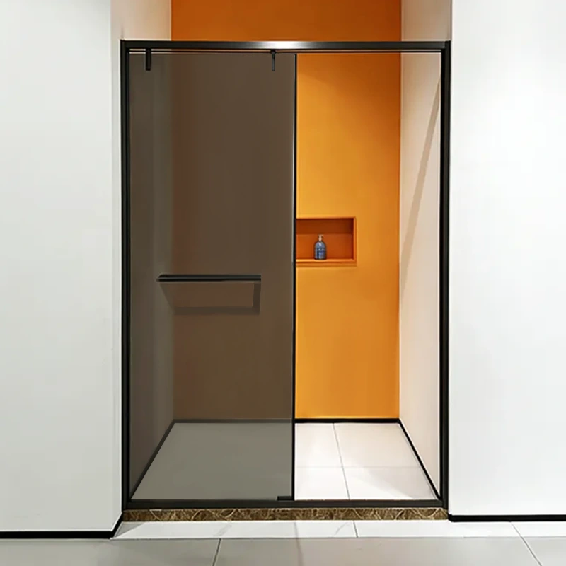 PS16602 Matte Black Top Roller Sliding Shower Door — Textured Frosted Tempered Glass with Integrated Towel Bar Handle