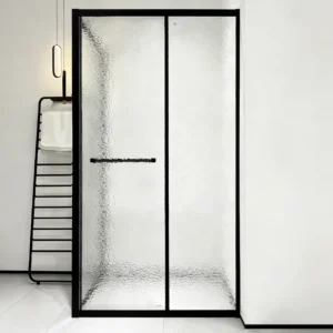 FS12821 Premium Matte Black Framed Textured Glass Corner Shower Enclosure — Sliding Door with Integrated Towel Bar