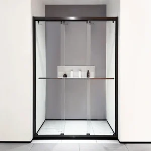 PS18603 Matte Black 3-Panel Sliding Glass Shower Door with Integrated Towel Bar — Tempered Tinted Glass, Minimal Frame, Smooth Rollers