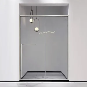 PS19811 Brushed Nickel 2-Panel Sliding Shower Door with Integrated Towel Bar — Tempered Clear Glass, Minimal Frame, Floor-to-Ceiling