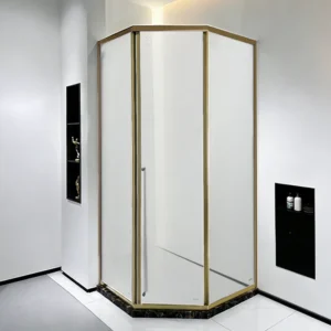 ZS15921 Brushed Brass Neo-Angle Corner Shower Enclosure with Hinged Door — Tempered Frosted Glass, Minimal Frame