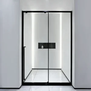 PS17611 Matte Black Framed Sliding Glass Shower Door with Fixed Panel — Tempered Clear Glass, Floor-to-Ceiling Minimalist Enclosure