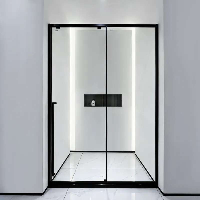 PS17611 Matte Black Framed Sliding Glass Shower Door with Fixed Panel — Tempered Clear Glass, Floor-to-Ceiling Minimalist Enclosure