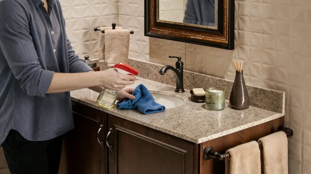Professional hotel housekeeping staff cleaning a polished granite bathroom countertop with a soft microfiber cloth and mild soap.