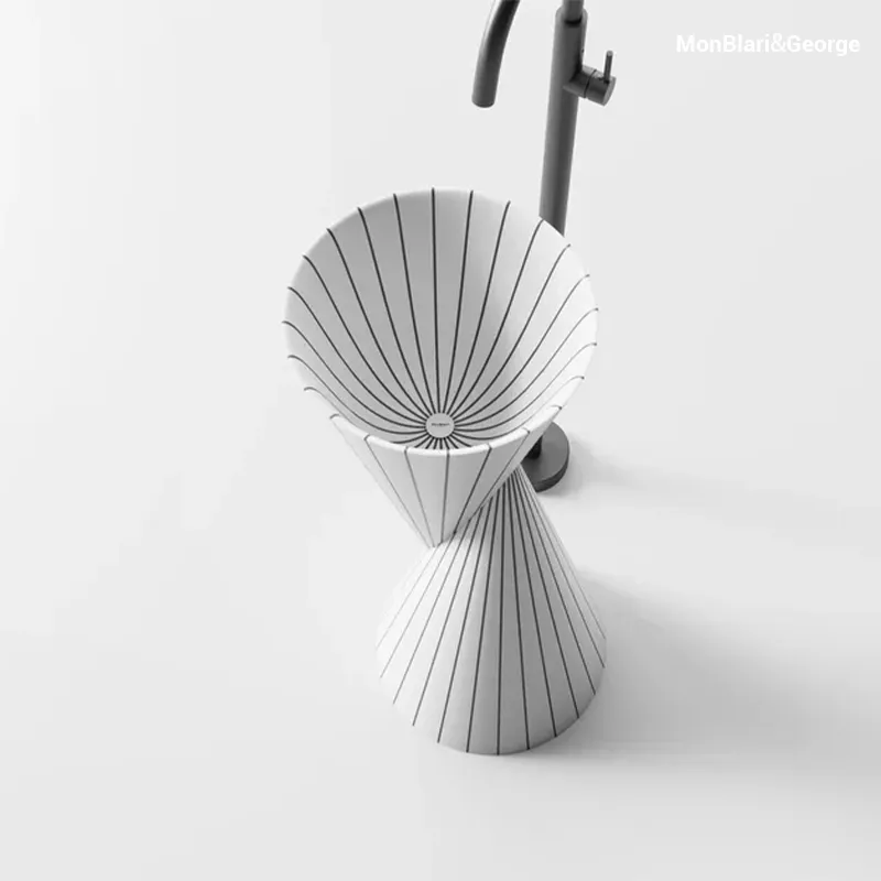 MonBlari SWING Series pedestal sink showcasing white solid surface with hand-inlaid resin stripes, award-winning modern design, and seamless artistic craftsmanship. Select 78 more words to run Humanizer.