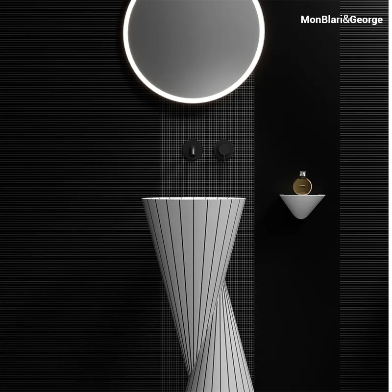 MonBlari SWING Series pedestal sink inspired by Italian swing dance, white artificial stone freestanding basin with hand-inlaid resin stripes and dynamic modern design. Select 76 more words to run Humanizer.