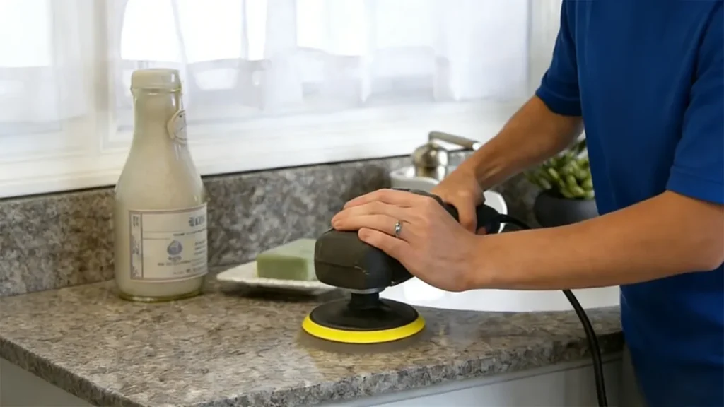 A water bead test on a hotel granite countertop showing liquid soaking into the stone, indicating a failed seal.
