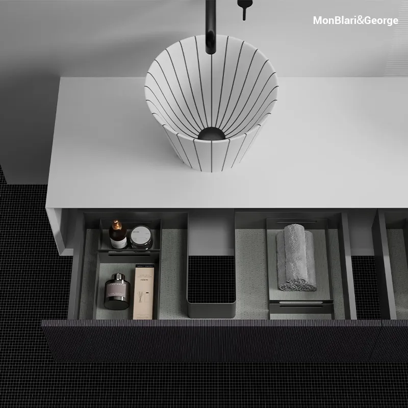 SWING Collection luxury bathroom vanity S-V08226 with solid surface and resin fusion, Matte White and Moonstone Grey finish, hand-polished edges, minimalist design with Austrian glass slides, showcasing premium craftsmanship and durable materials.