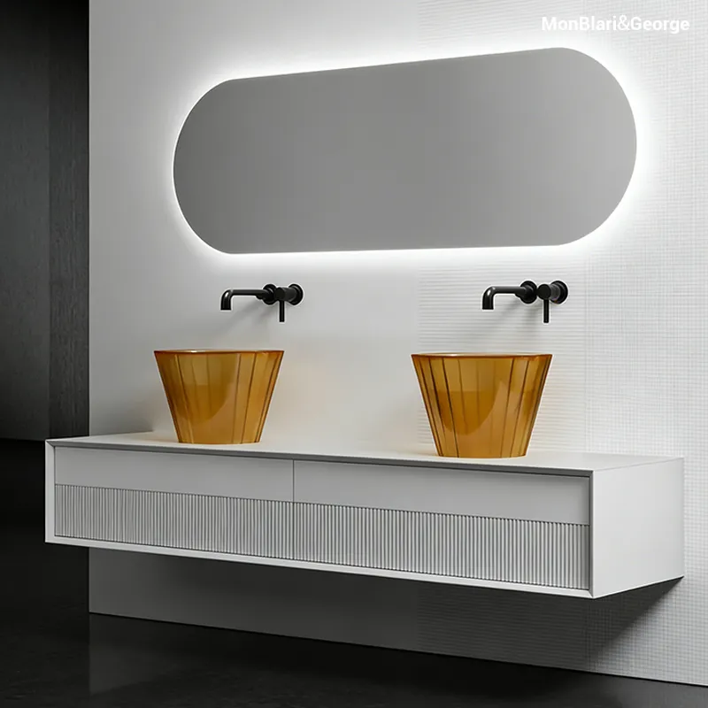 SWING Collection luxury bathroom vanity S-V08226, featuring solid surface and resin fusion, minimalist design with Austrian glass slides, inspired by Italian swing dance and abstract geometric shapes, award-winning modern interior piece.