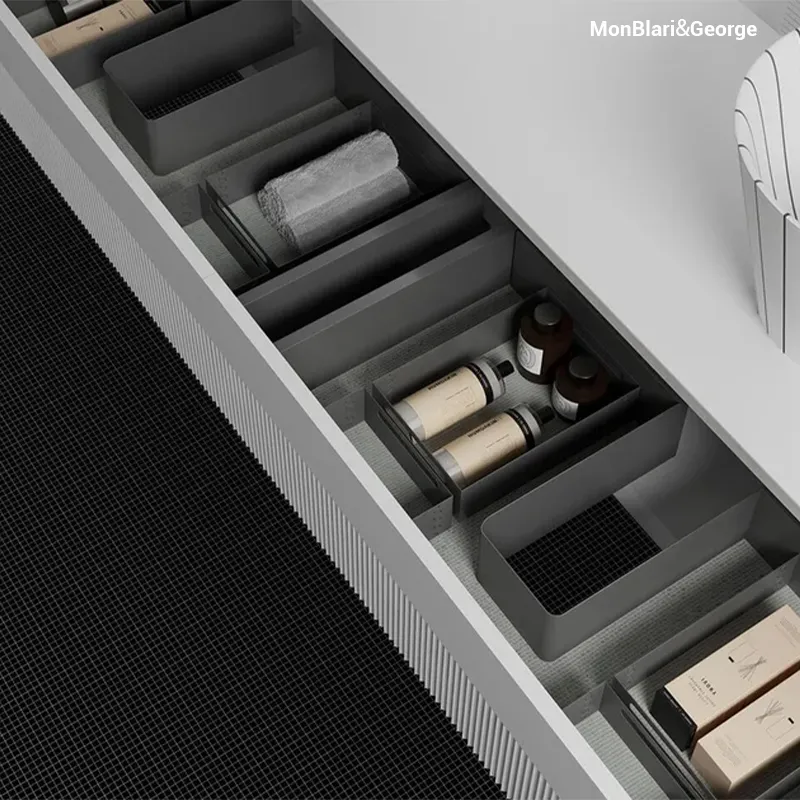 SWING Collection luxury bathroom vanity S-V08226 with solid surface and resin fusion, featuring premium Austrian Grass® drawer slides with soft-close, minimalist design, ideal for high-end villas, apartments, and boutique hotel interiors."