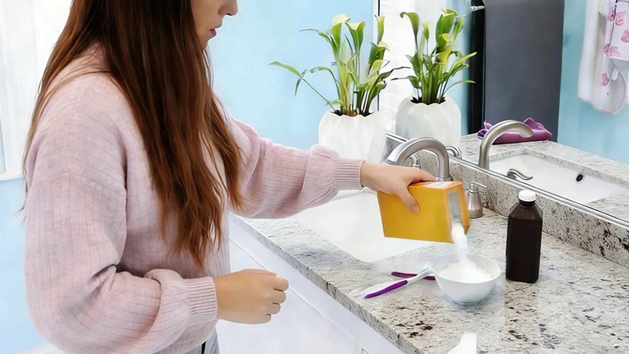 Removing a stubborn makeup stain from a hotel granite vanity using a specialized baking soda poultice treatment.