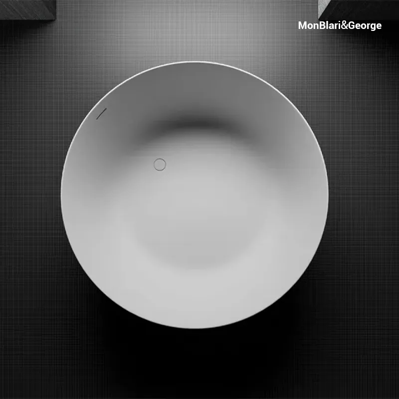 Close-up of Shop Model S-0821 luxury round freestanding tub — matte white solid surface with hand-engraved vertical resin inlay lines, seamless finish, durable artificial stone with superior heat retention, MUSE Design Award winner. Select 65 more words to run Humanizer.