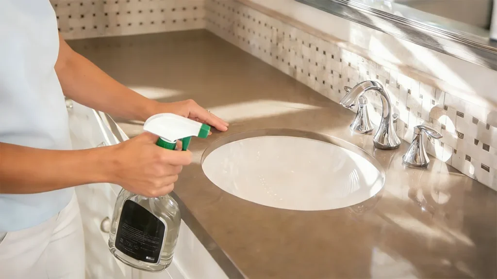 Restoring the high-gloss shine of a dull granite bathroom countertop in a hotel using professional stone polish and neutral cleaners.