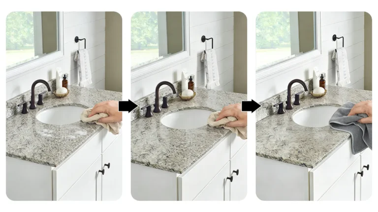 Hotel housekeeping staff following a daily cleaning protocol by wiping a granite vanity with a soft cloth and warm soapy water.