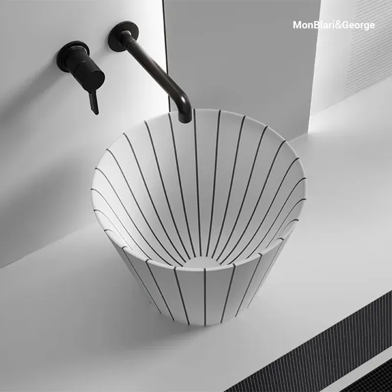 MonBlari SWING Series S-A0821 artificial stone vessel sink with smooth matte finish, showcasing premium material and hand-inlaid resin lines crafted with precision and durability. Select 74 more words to run Humanizer.
