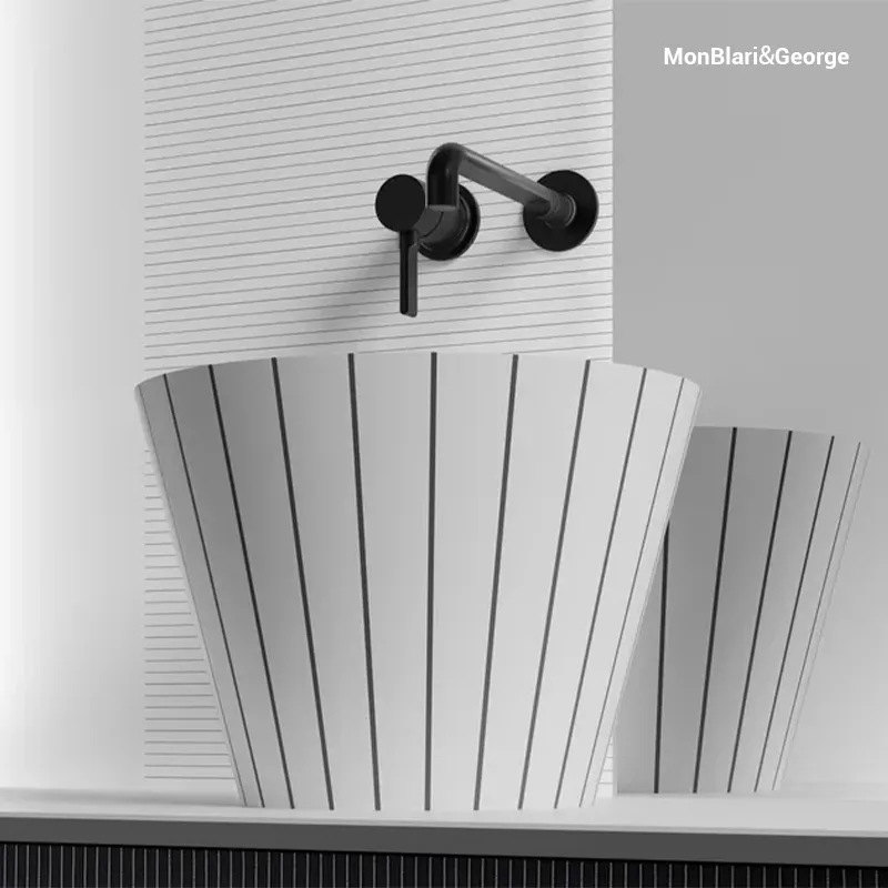 MonBlari SWING Series S-A0821 vessel sink, award-winning design recognized by MUSE and French Design Awards, featuring a curved silhouette and refined resin details as a timeless centerpiece for modern bathrooms.