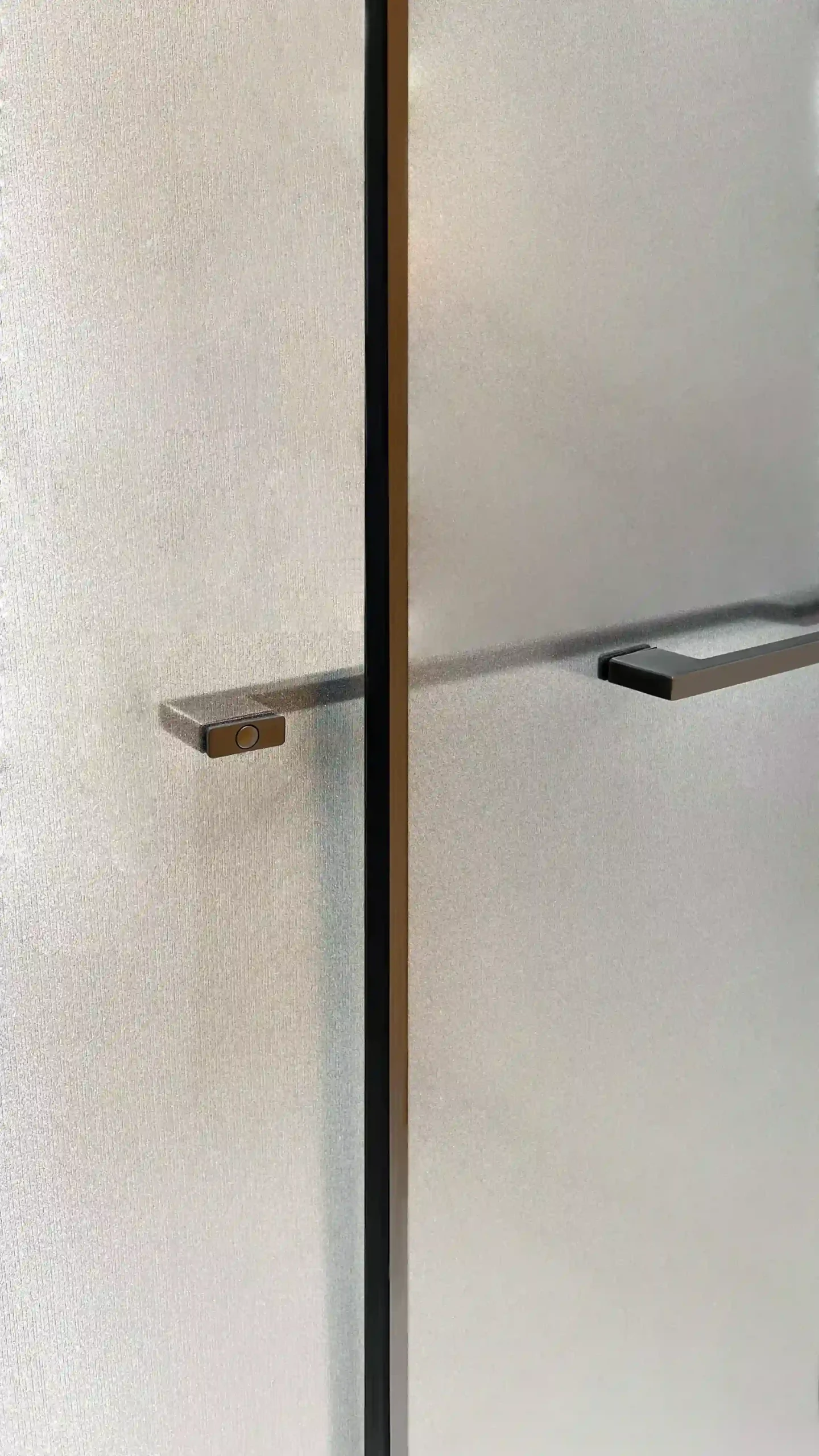 PS16602 matte black sliding shower door with EVA interlayer wired frosted glass, ultra-white velvet texture, and subtle black lace for safety and luxury.