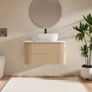 31.5" Modern Farmhouse Floating Bathroom Vanity HW0002 - Fluted Wood, Sintered Stone Top & Ceramic Vessel Sink