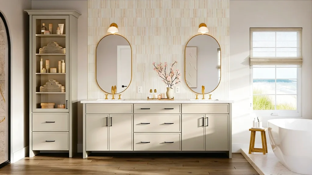 Luxury 72-inch double vanity with dual sinks and ample counter space in a high-end hotel bathroom suite.