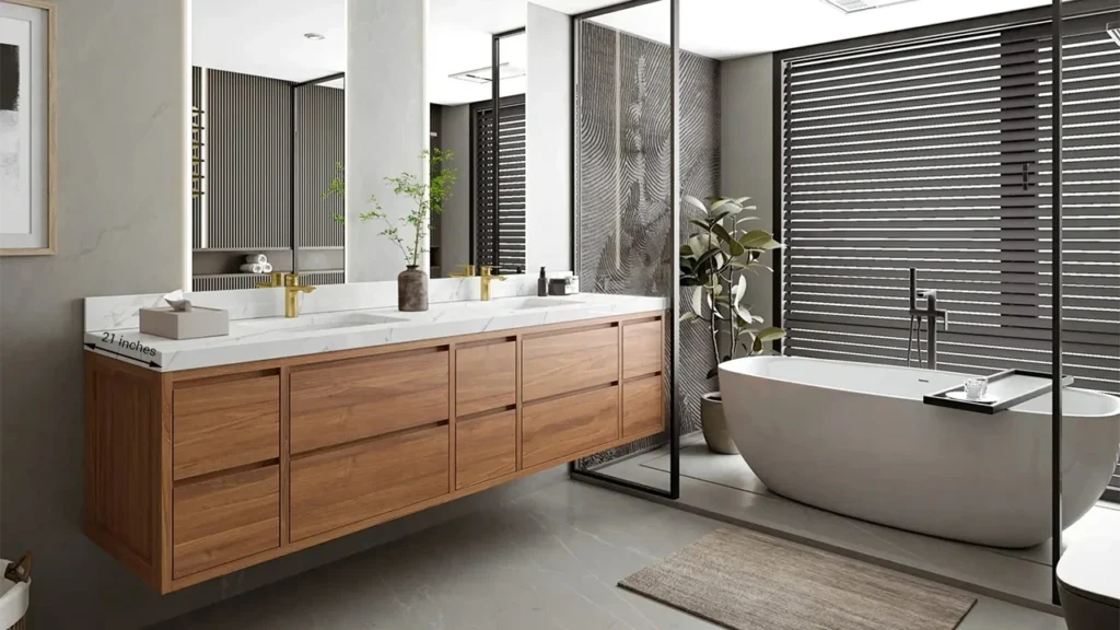 Standard bathroom vanity depth comparison for hotel projects: 18-inch shallow, 21-inch average, and 24-inch luxury depths.