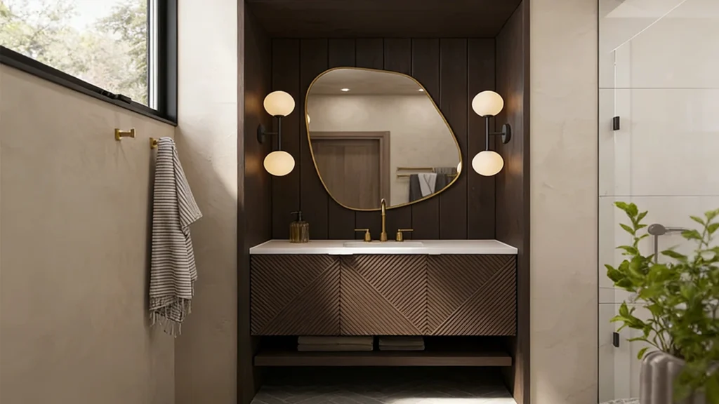 Modern 30-inch single sink hotel vanity with a 22-inch depth, showcasing standard dimensions for compact guest bathrooms.