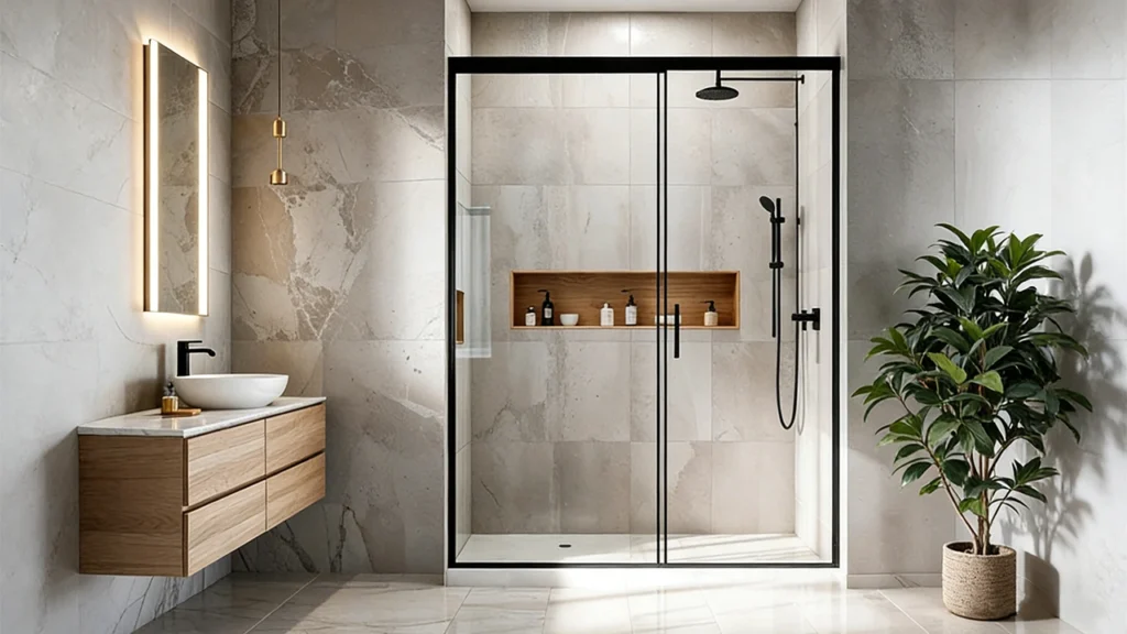 Modern hotel shower door types including sliding, pivot, and fixed glass panels for space-saving and low maintenance.