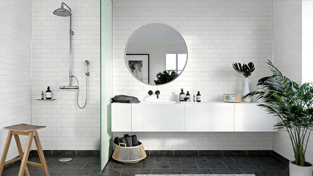 Modern frameless half wall shower glass panel installed on a tiled pony wall in a luxury hotel bathroom.