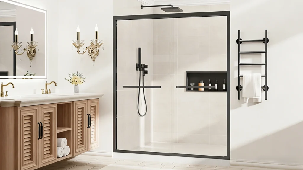 A premium hotel bathroom featuring a thick, frameless tempered safety glass shower door for enhanced durability and guest safety.