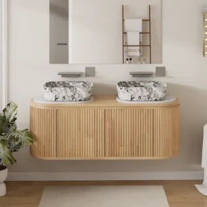 1500mm Modern Fluted Wall-Mounted Double Sink Bathroom Vanity Set with Sintered Stone Top & Marble Basins - HW004