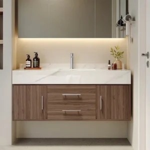 HW0001 Modern Wall-Mounted Bathroom Vanity | Luxury Wood Grain Cabinet with Marble Countertop for Hotels & Resorts